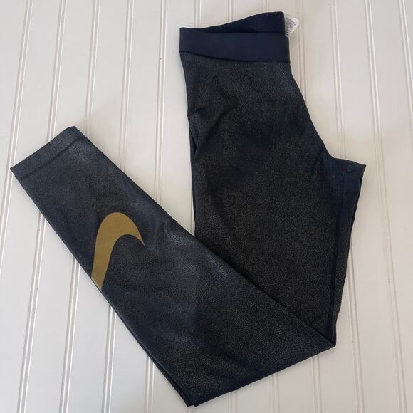 Nike Pro Dri Fit Metallic Gold Shimmer Training Leggings Running Womens Medium - Picture 2 of 9